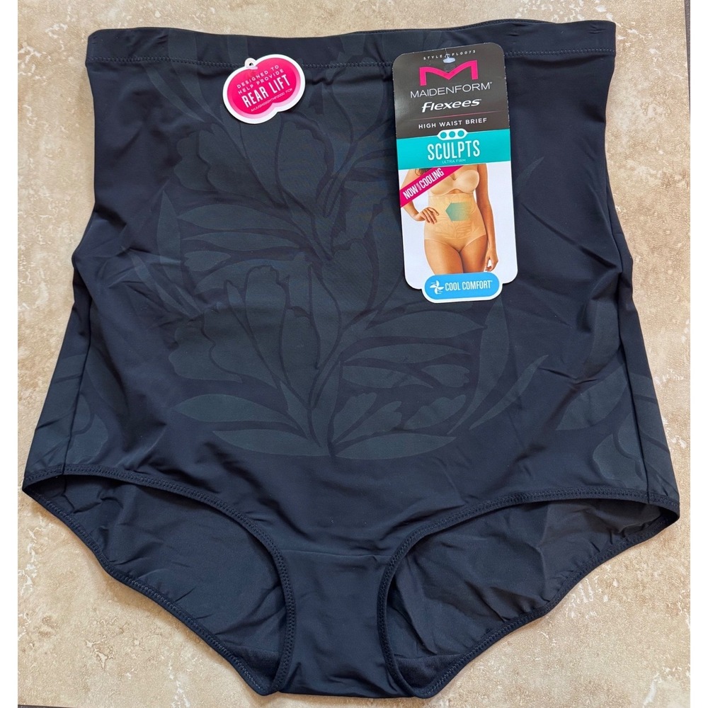 Maidenform Flexees Shapewear Briefs XL Black High Waist Ultra‎ Firm Floral NEW